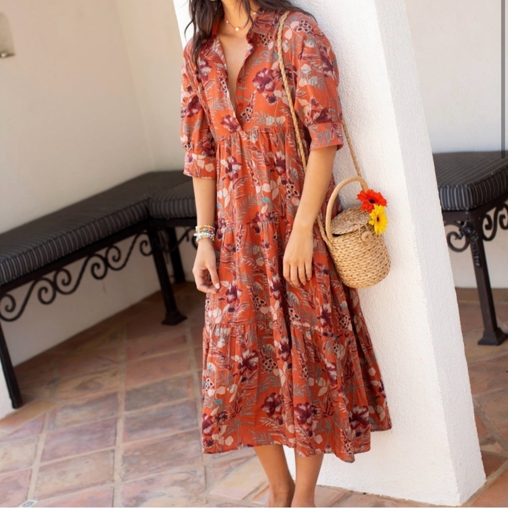 Natural Life Rebecca midi orange tiered floral, tropical print dress